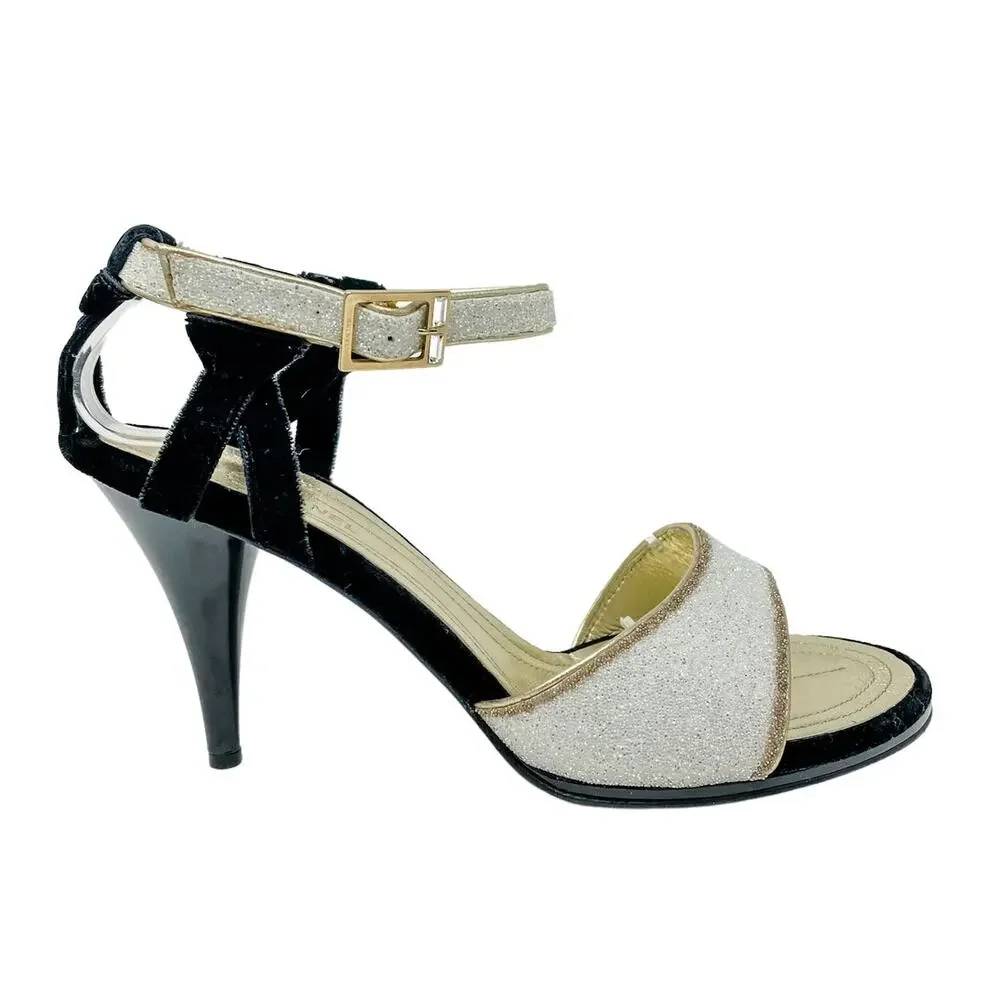 Chanel Vintage Black Velvet Champagne Glitter Evening Sandals size 37.5C